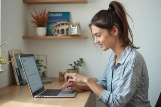 Jeune femme utilisant un ordinateur à la maison pour s'inscrire en ligne