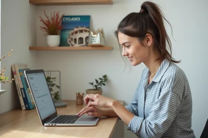 Jeune femme utilisant un ordinateur à la maison pour s'inscrire en ligne