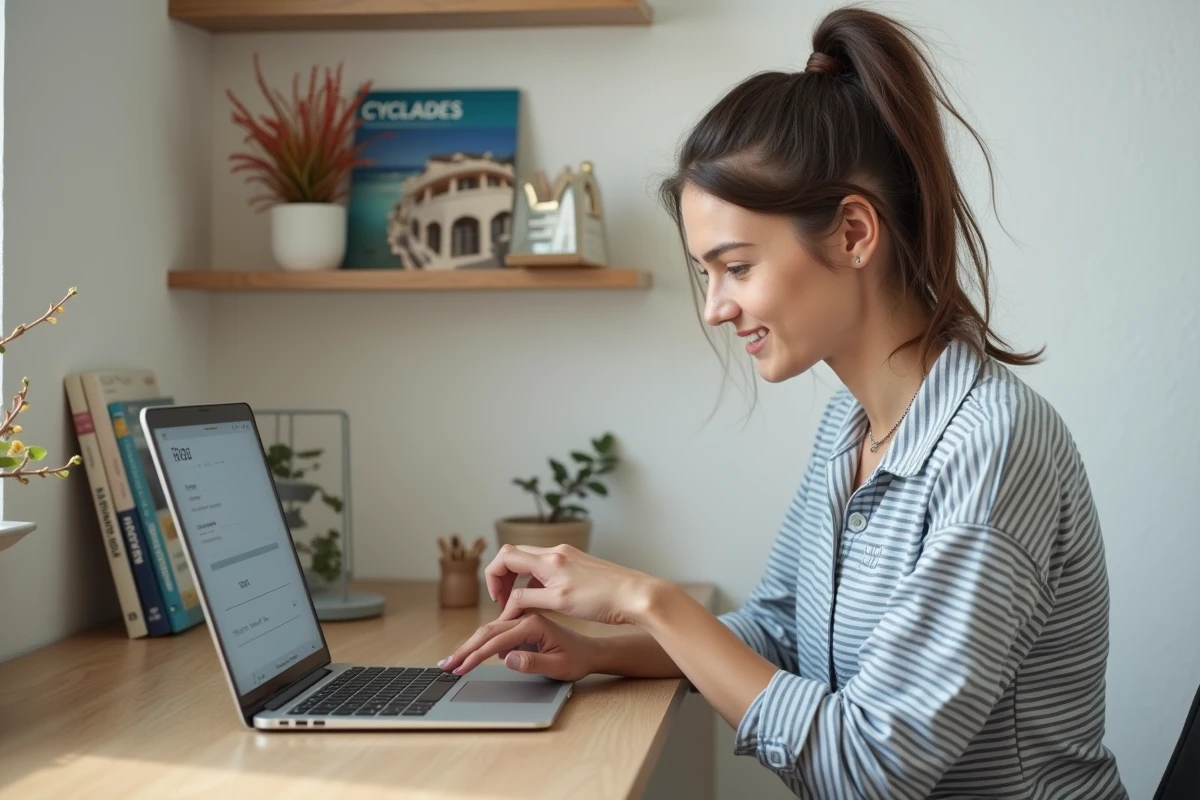 Jeune femme utilisant un ordinateur à la maison pour s'inscrire en ligne