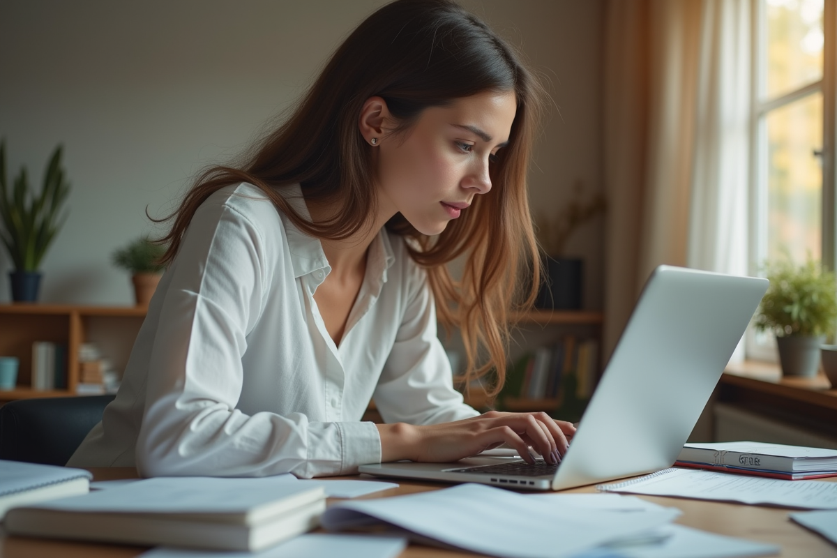 Jeune femme travaillant chez elle avec ses certificats et notes