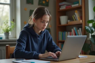 Jeune femme étudiante concentrée devant son ordinateur dans sa chambre