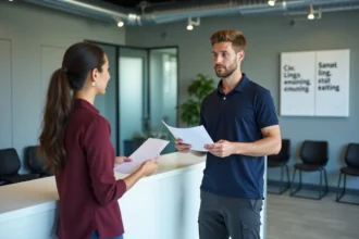 Jeune homme sans diplôme déposant son CV dans une agence d'intérim pour trouver un premier emploi