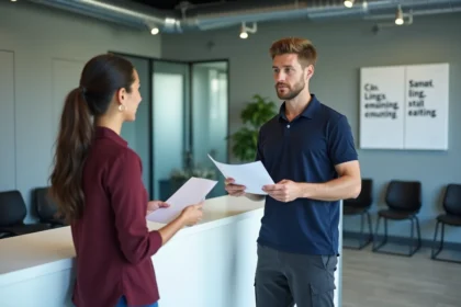 Jeune homme sans diplôme déposant son CV dans une agence d'intérim pour trouver un premier emploi