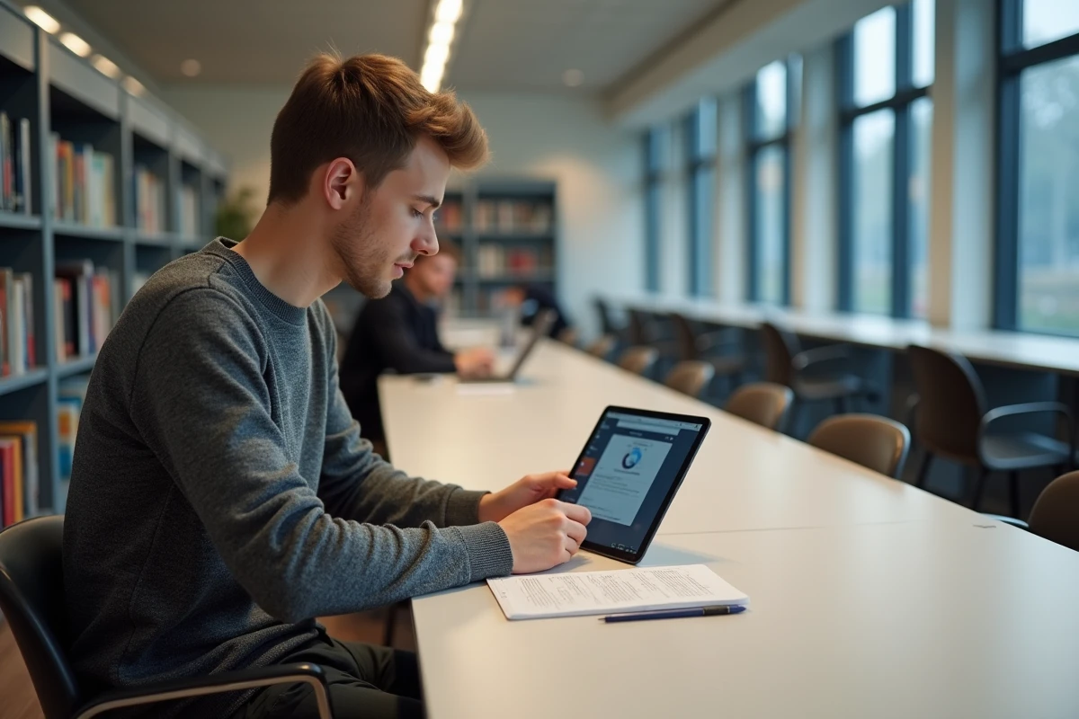 Jeune homme étudiant avec tablette dans une bibliothèque universitaire