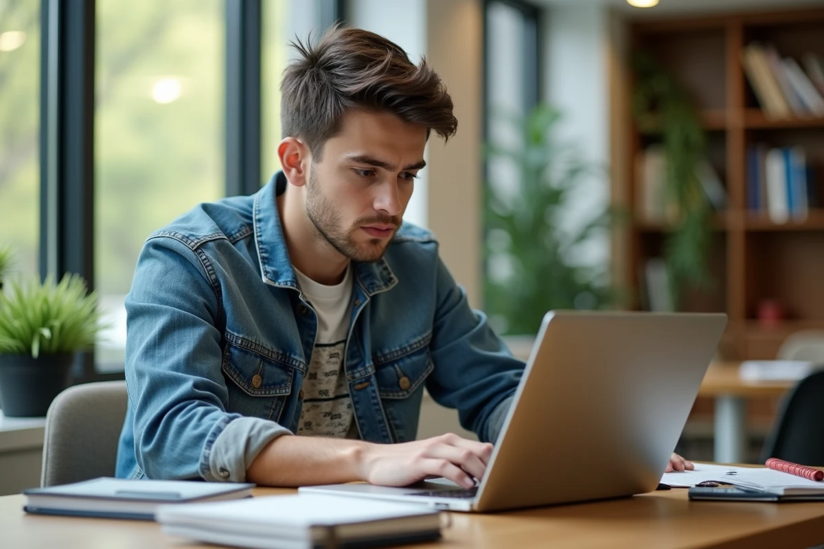 Jeune homme en denim et tshirt graphique au bureau universitaire