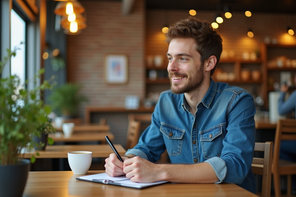 Jeune homme écoutant dans un café animé
