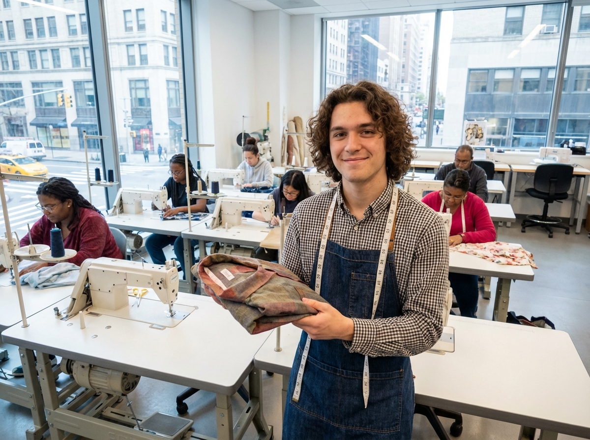 Jeune homme en classe de couture examinant un vêtement