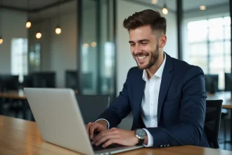 Jeune homme souriant avec son CV numérique dans un bureau moderne