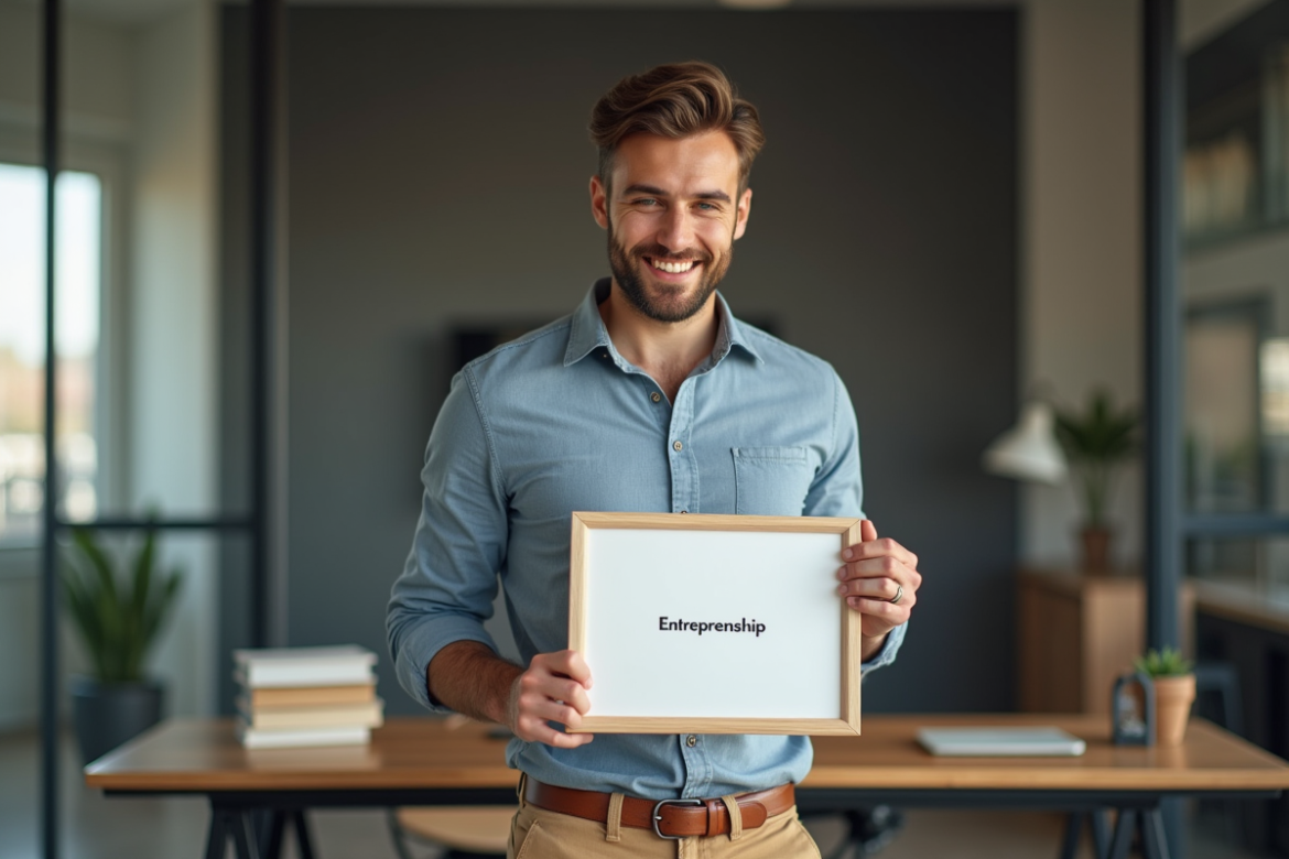 Jeune homme souriant avec diplôme d entrepreneuriat dans un bureau