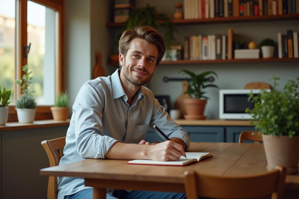 Jeune homme écrivant dans un journal à la maison