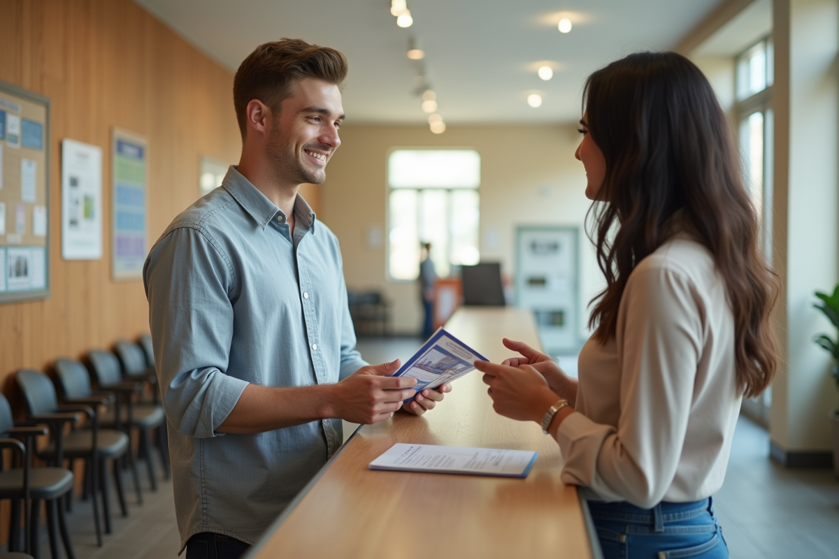 Jeune homme recevant des brochures au centre communautaire