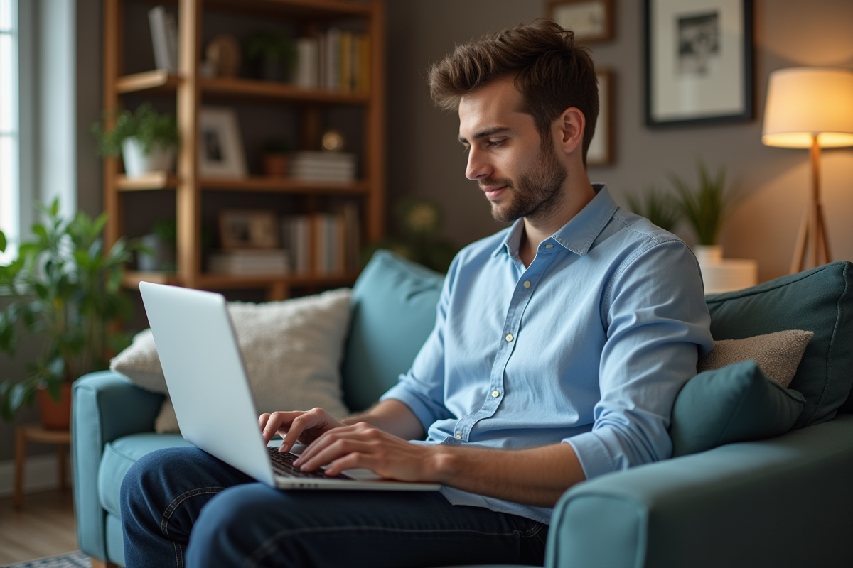 Jeune homme travaillant sur son ordinateur dans un salon cosy