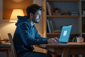 Jeune homme assis à un bureau étudiant regardant un écran d'ordinateur