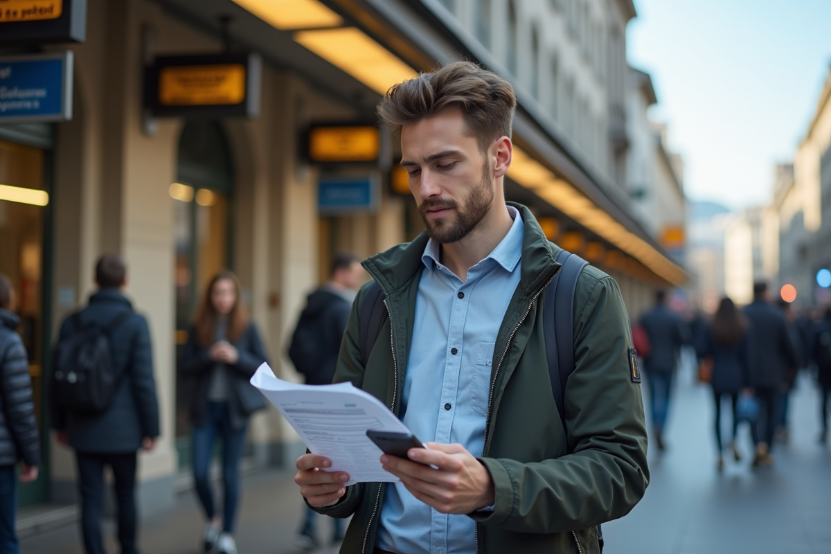 Jeune homme avec document Pôle emploi devant la gare