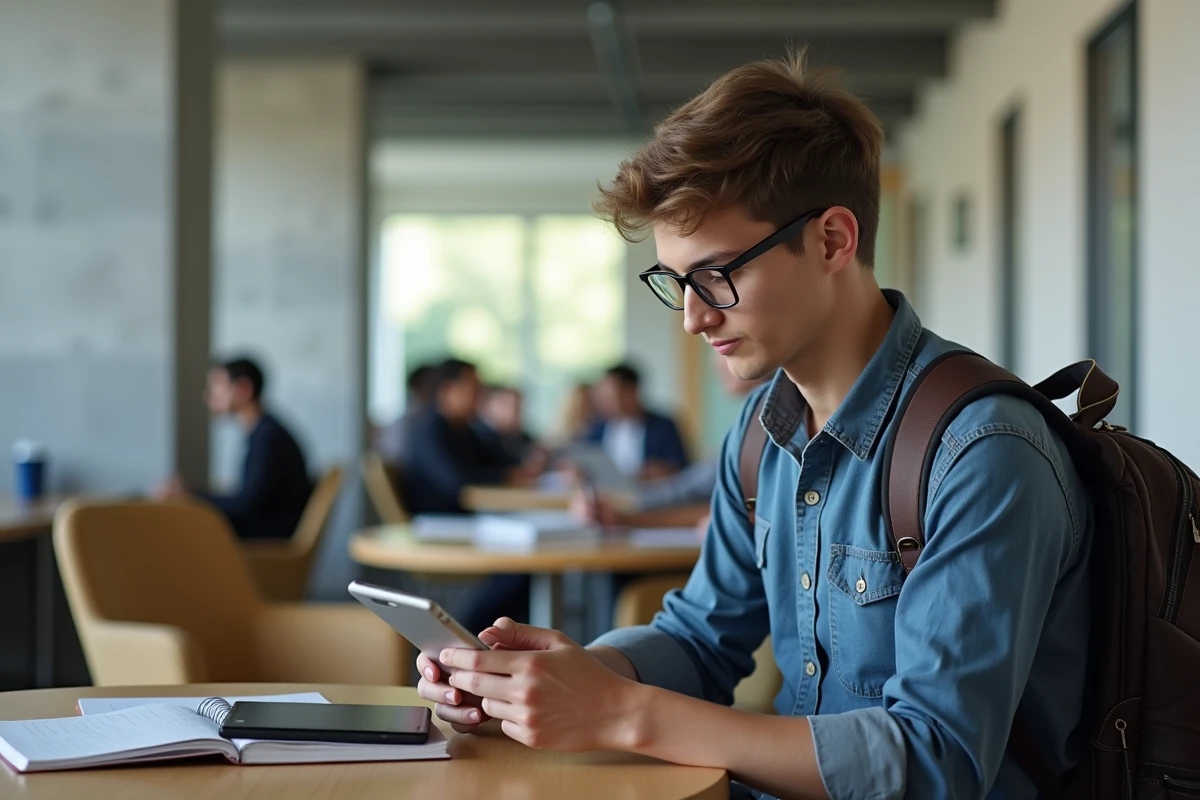 Jeune étudiant vérifiant ses messages sur une tablette dans un lounge