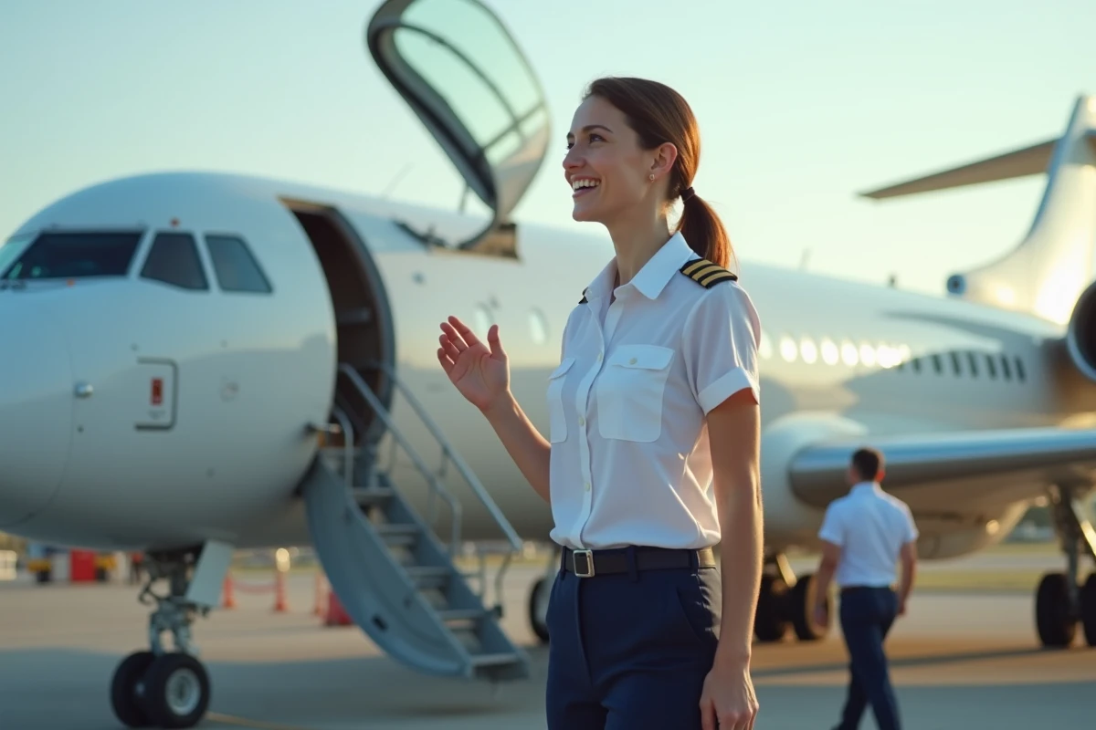 Jeune pilote femme discutant près d