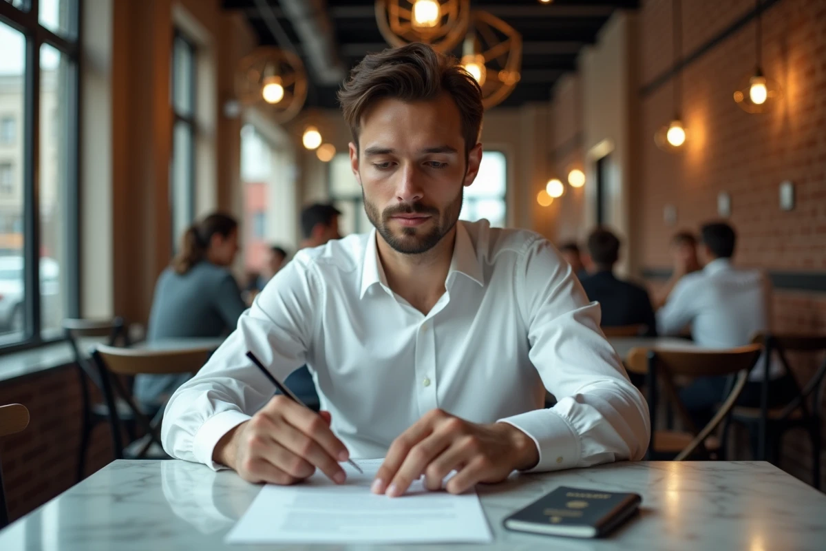 Jeune professionnel consultant sa lettre de recommandation et son passeport dans un café pour une candidature internationale