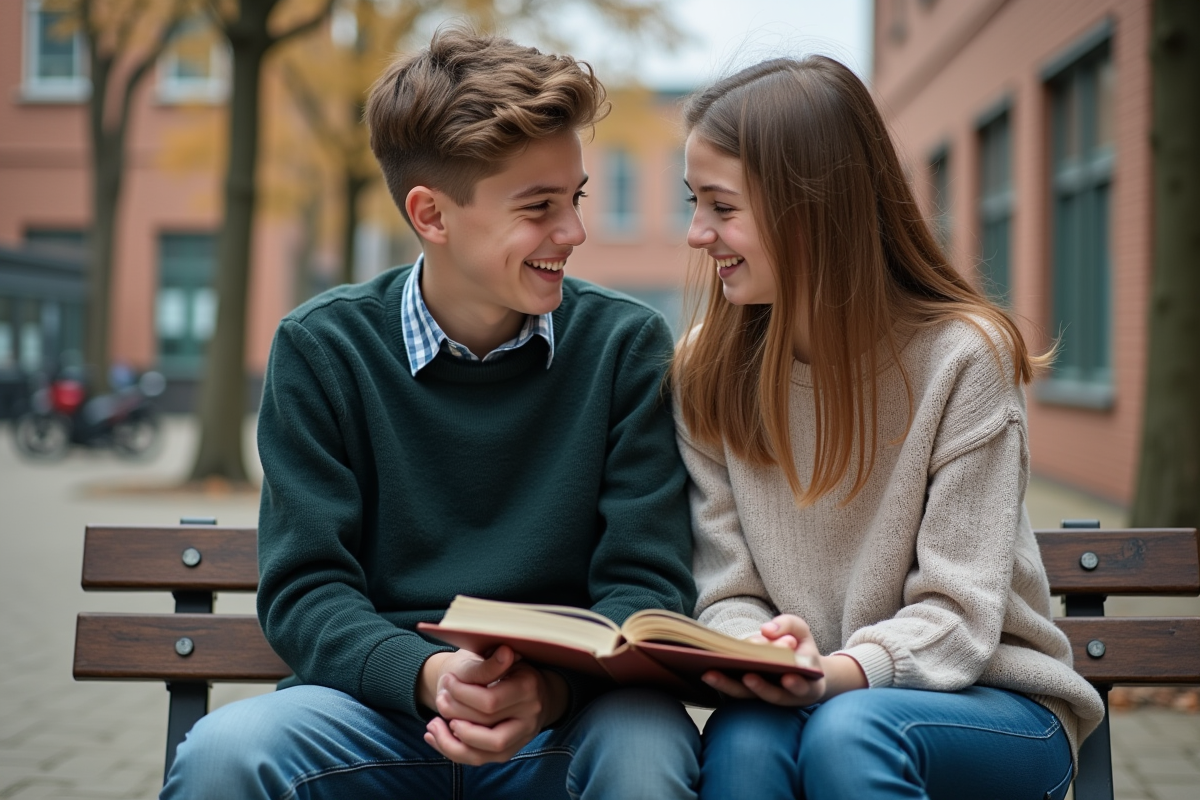Jeune garçon et fille discutant en extérieur à l