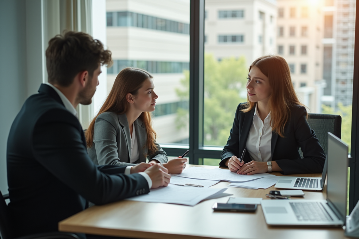 Deux lycéens en costume discutent avec un mentor dans un bureau lumineux