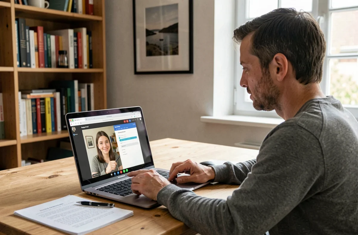 Un tuteur Keepschool en Loire-Atlantique donne un cours en ligne via ordinateur portable depuis son bureau à domicile
