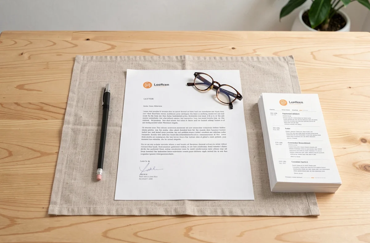 Lettre de motivation imprimée posée sur un bureau en bois avec un crayon et des lunettes pour une préparation à l'entretien