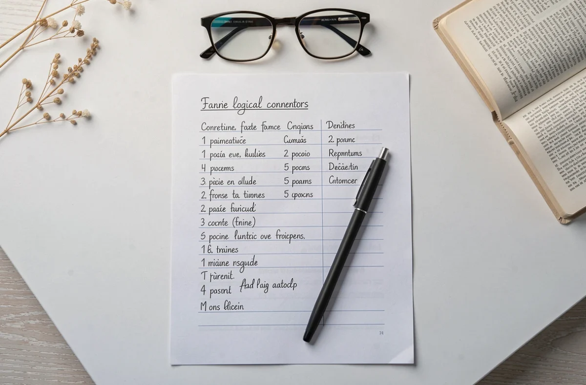 Vue de dessus d'une liste manuscrite de connecteurs logiques français sur un bureau minimaliste avec stylo et grammaire