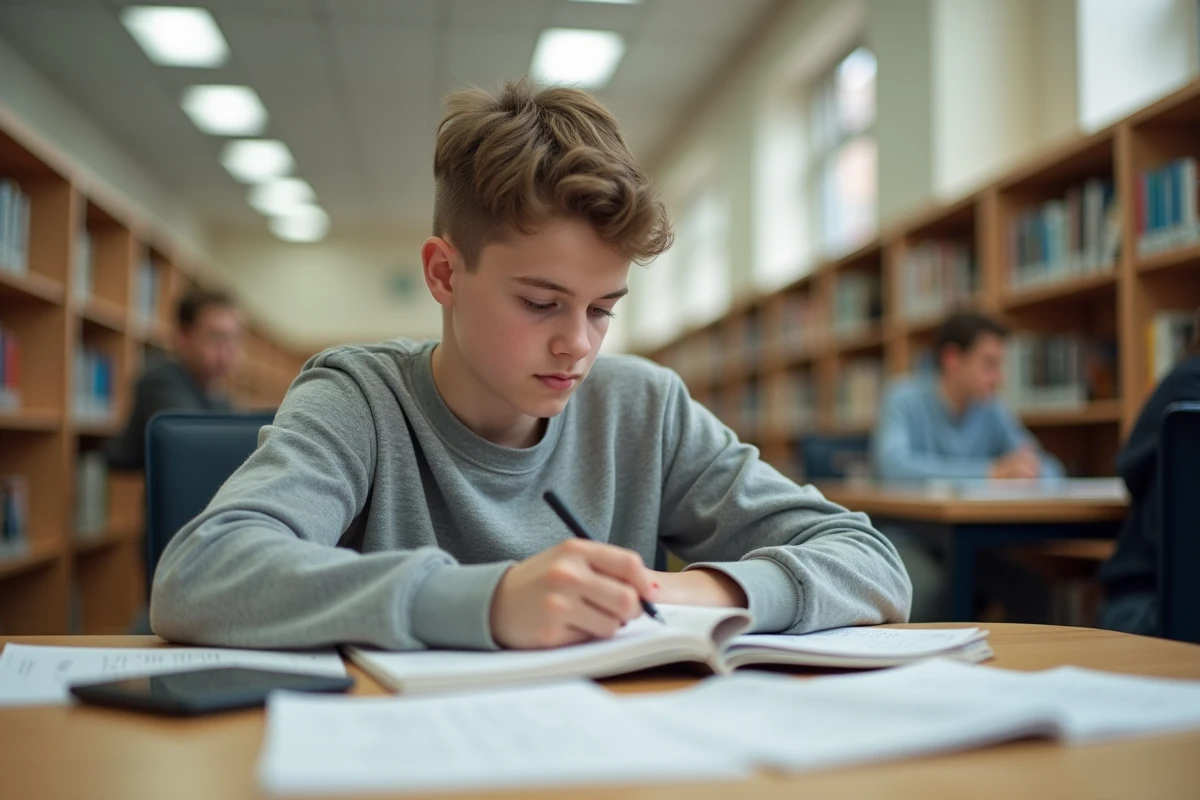 Lycéen en bibliothèque consultant une application de calcul de moyenne scolaire