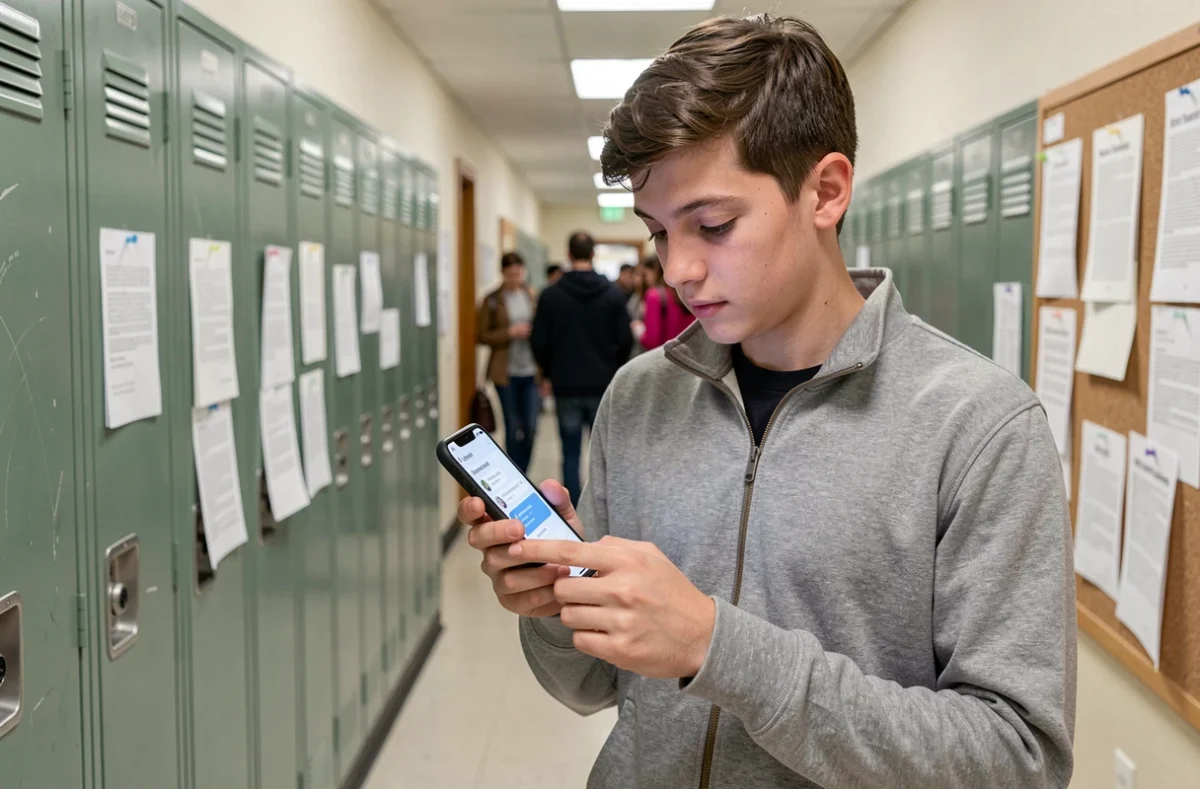 Lycéen utilisant l'application vie scolaire PSN sur smartphone dans un couloir de lycée
