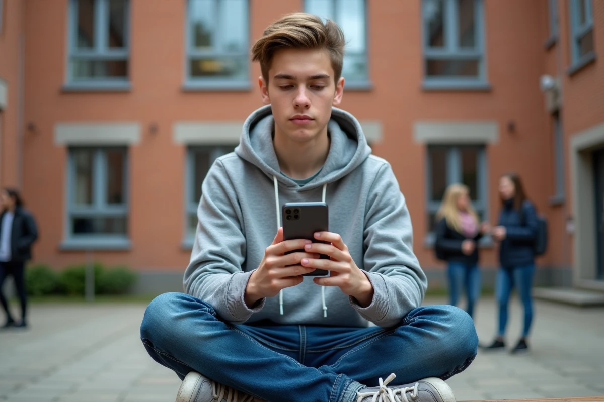 Lycéen accédant à son identifiant de messagerie académique ac-Amiens depuis son smartphone dans la cour de son établissement
