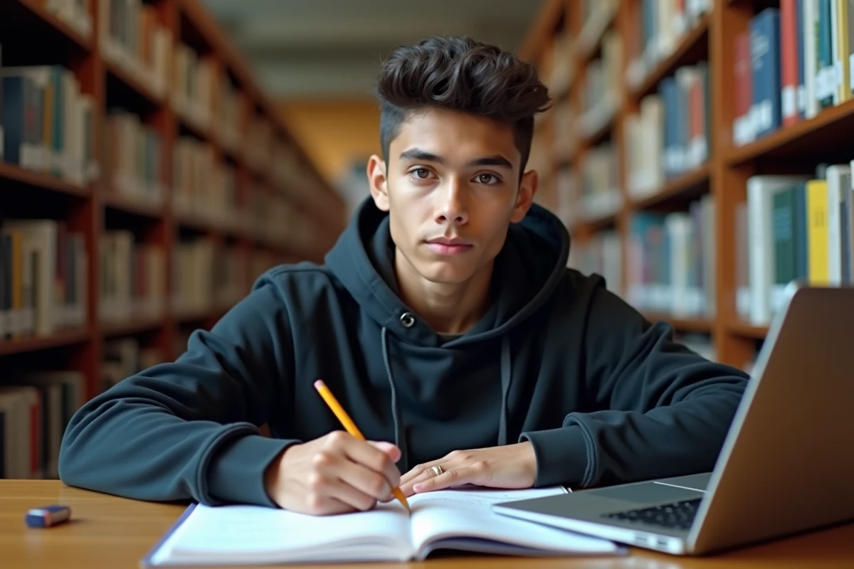 Lycéen révisant les formes du passé simple de tener dans un manuel de grammaire espagnole à la bibliothèque