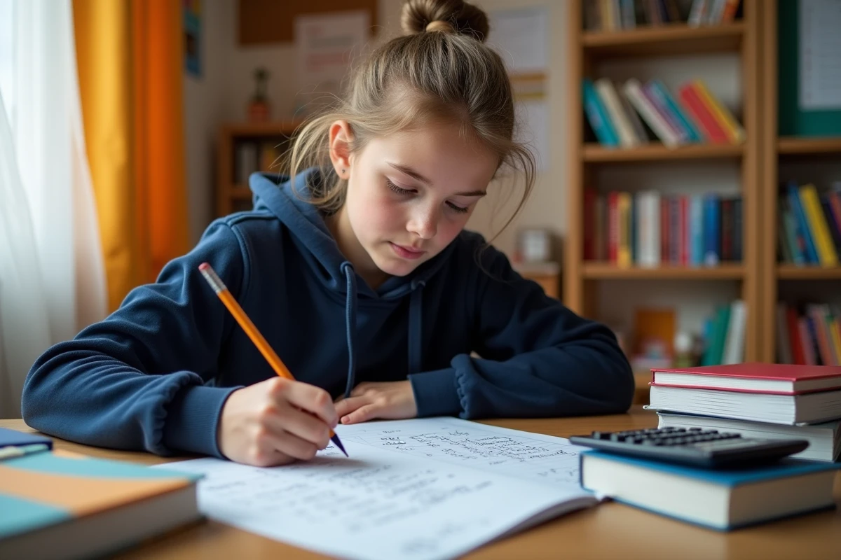 Lycéenne révisant ses notes avec coefficient pour le bac, calculatrice et cahiers sur bureau en bois