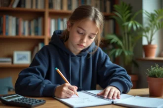 Lycéenne calculant sa moyenne avec coefficients dans un carnet à son bureau