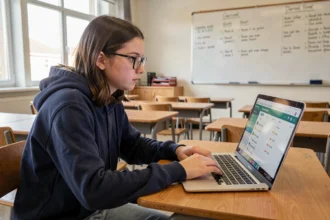 Lycéenne consultant son espace numérique scolaire PSN sur un ordinateur portable en classe