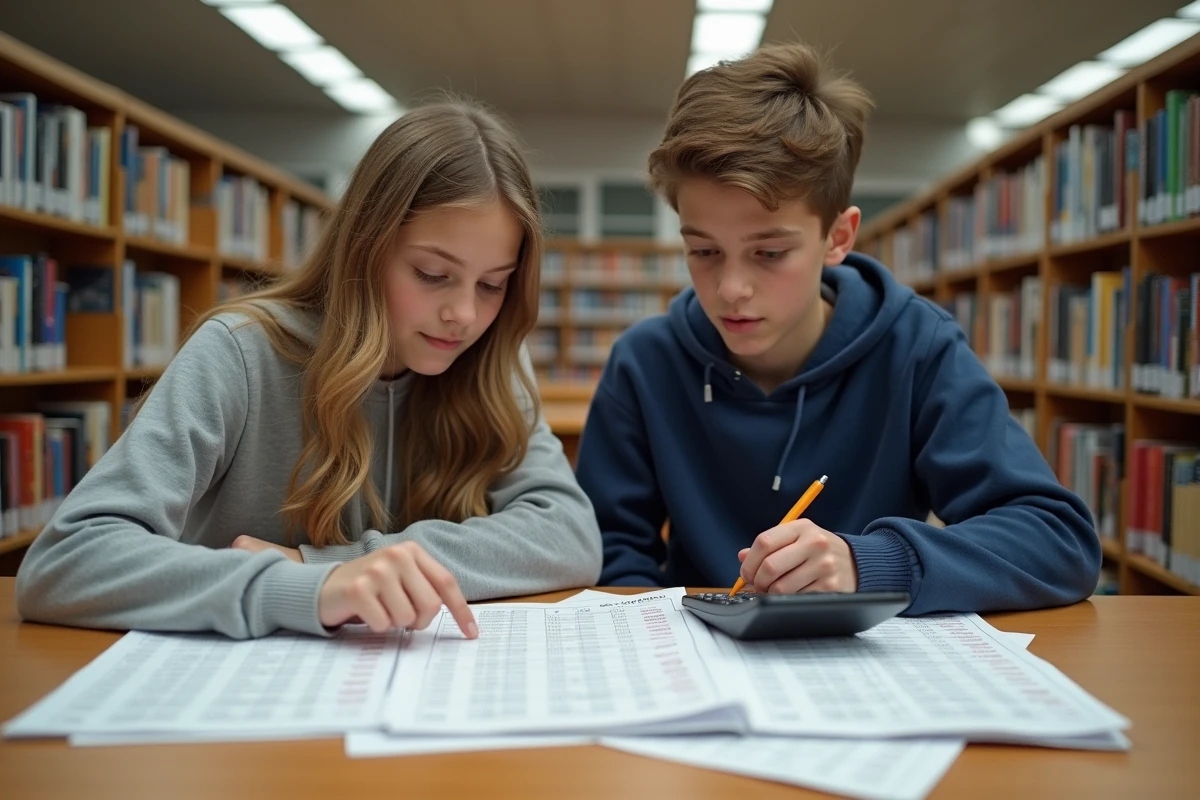 Deux lycéens qui calculent leur moyenne avec coefficient ensemble dans une bibliothèque scolaire pour préparer le bac