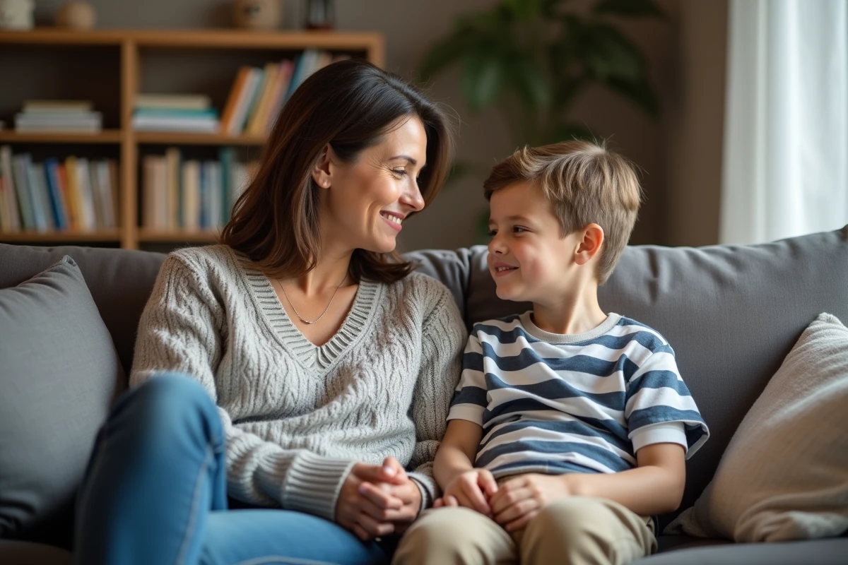 Maman et son enfant discutent dans un salon chaleureux