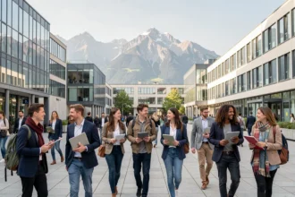 Étudiants en école de commerce marchant sur un campus universitaire moderne à Grenoble avec les Alpes en arrière-plan