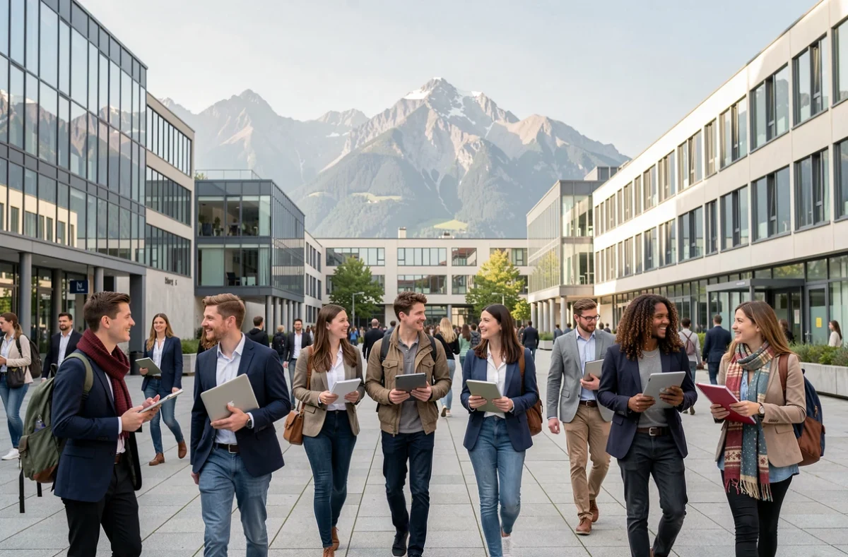 Étudiants en école de commerce marchant sur un campus universitaire moderne à Grenoble avec les Alpes en arrière-plan