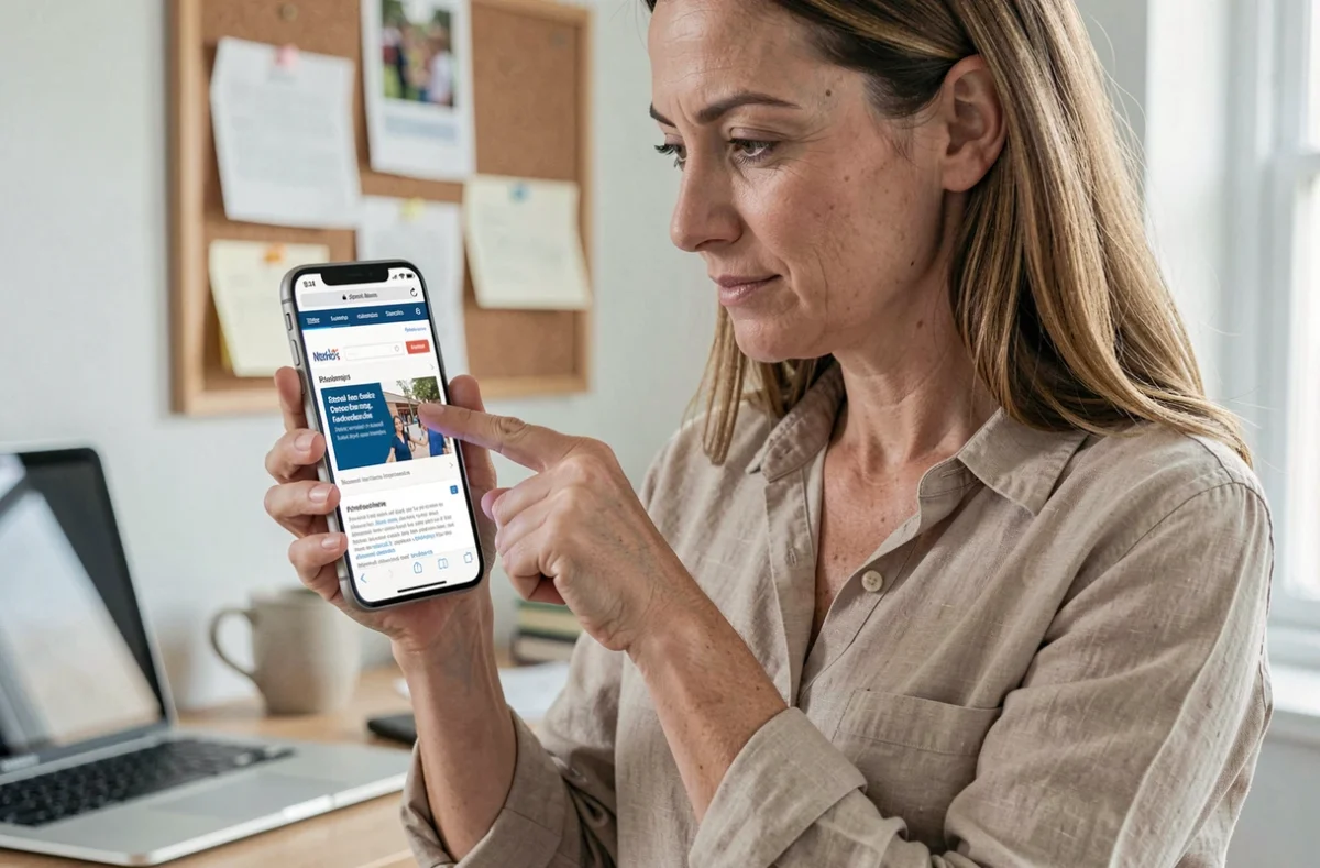 Mère de famille accédant au site Scolinfo depuis un iPhone dans un bureau à domicile