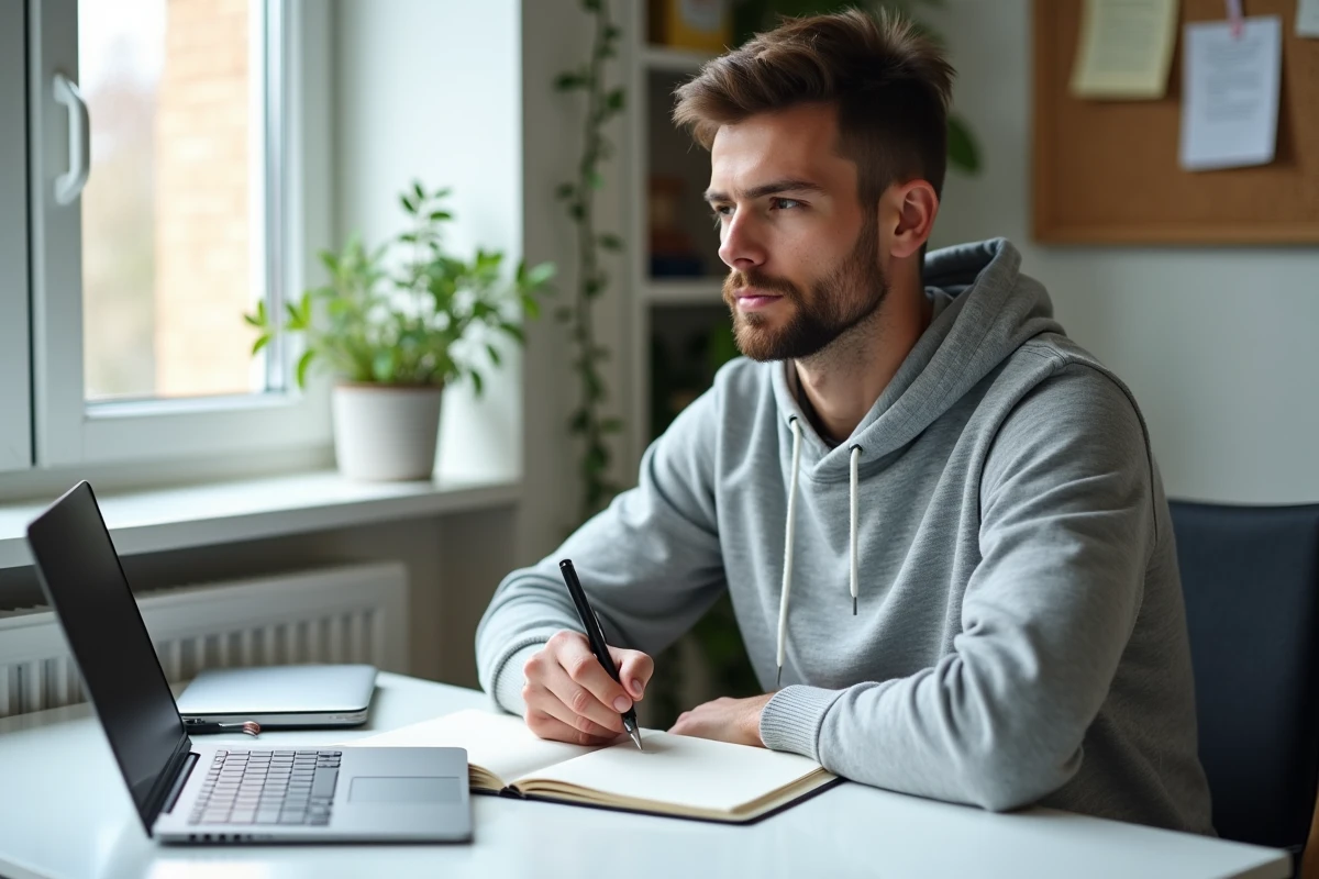 Étudiant préparant une dissertation avec deux méthodes différentes pour le français et la philosophie