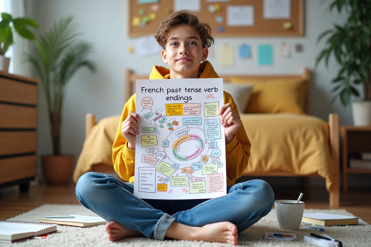 Adolescent utilisant une carte mentale colorée pour mémoriser le passé simple