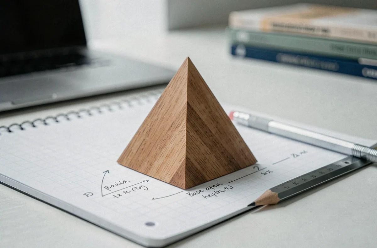 Modèle géométrique en bois d'une pyramide à base triangulaire avec annotations de la formule de volume