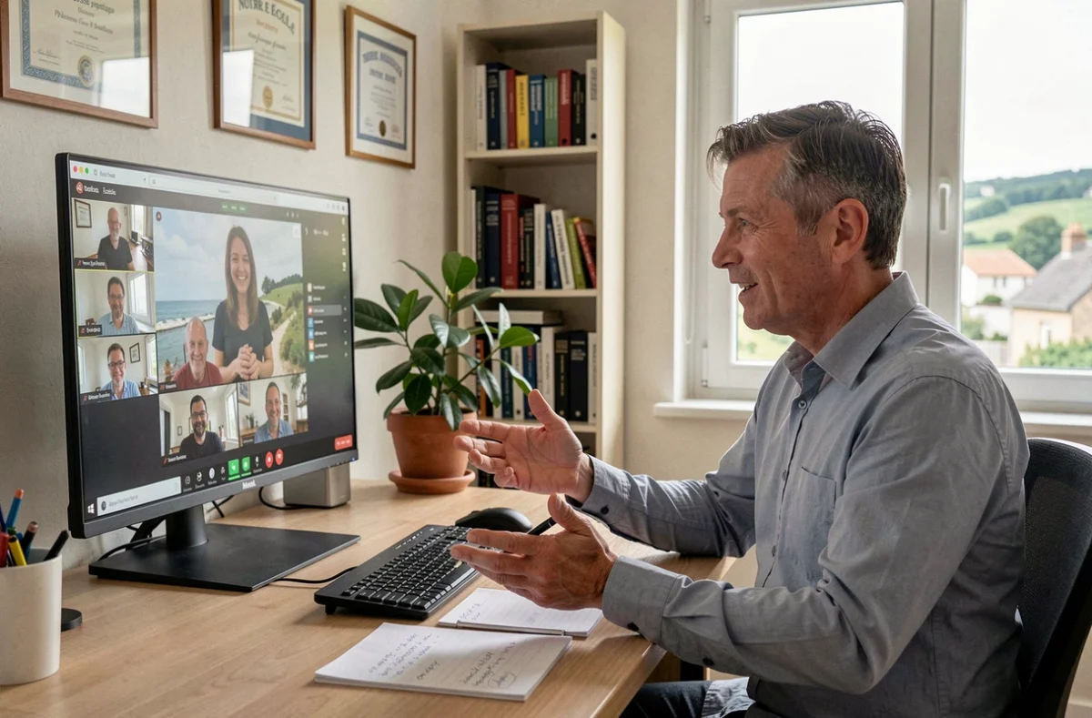 Un enseignant de Notre École en Loire-Atlantique dispense un cours en ligne depuis son bureau à domicile via une plateforme de visioconférence