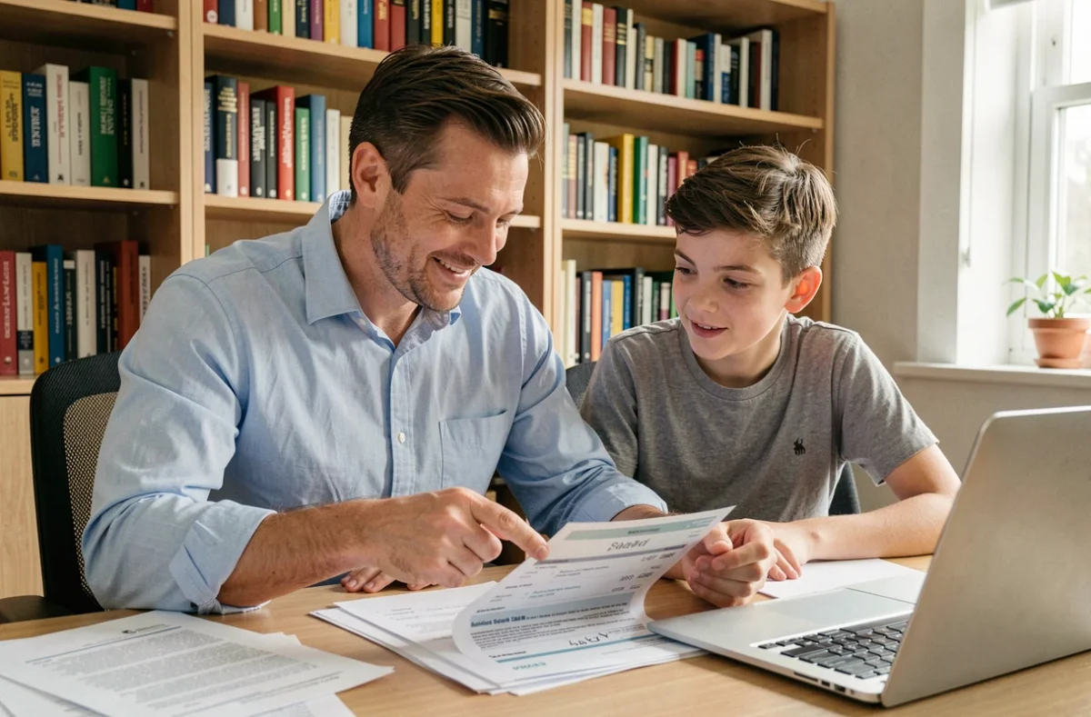 Un père et son fils adolescent analysant ensemble les notes du bulletin scolaire