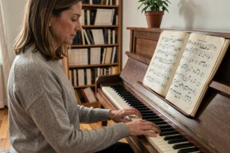 Pianiste adulte travaillant la clef de FA avec la main gauche sur un piano droit, partition ouverte, ambiance chaleureuse de salle de musique à domicile