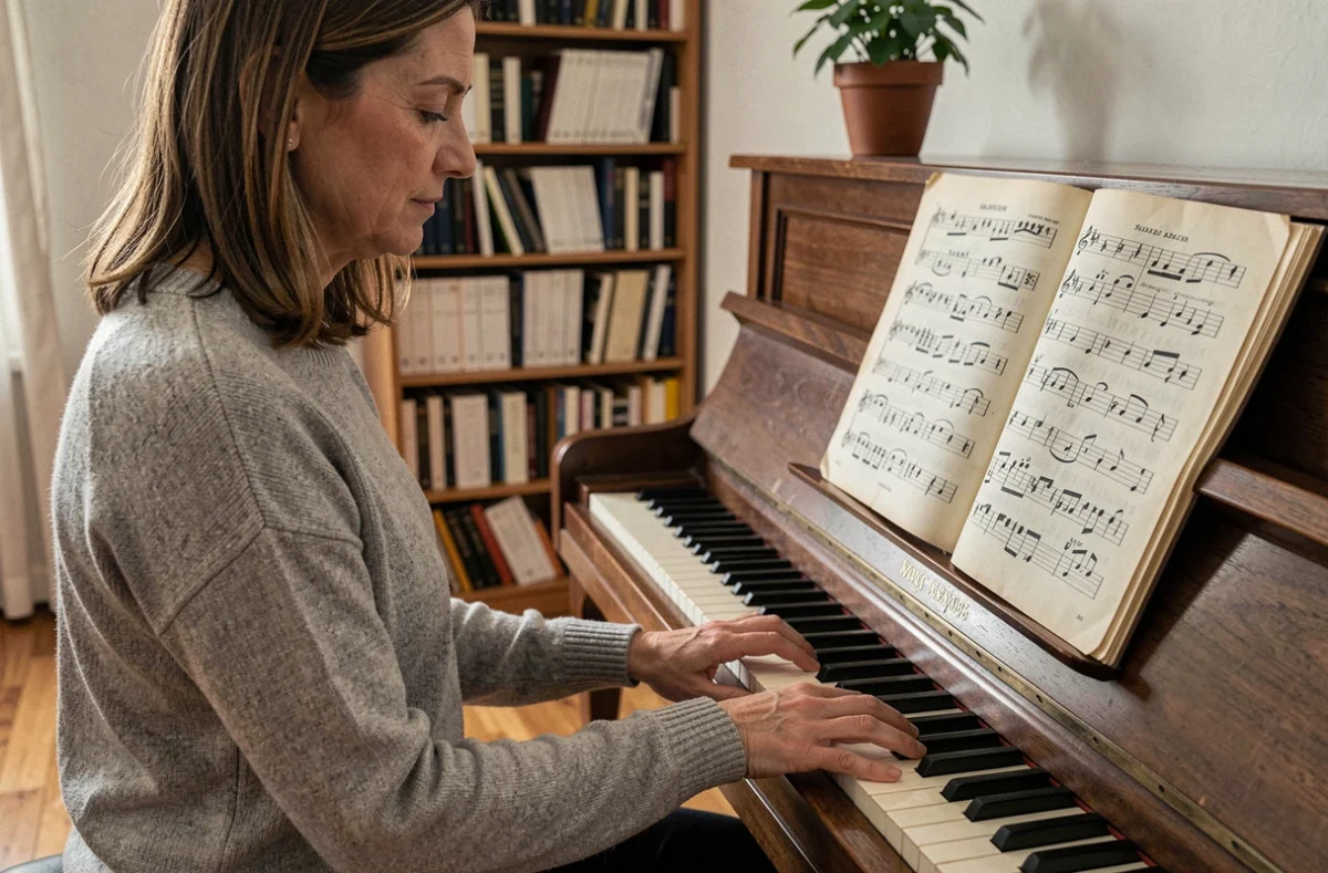Pianiste adulte travaillant la clef de FA avec la main gauche sur un piano droit, partition ouverte, ambiance chaleureuse de salle de musique à domicile