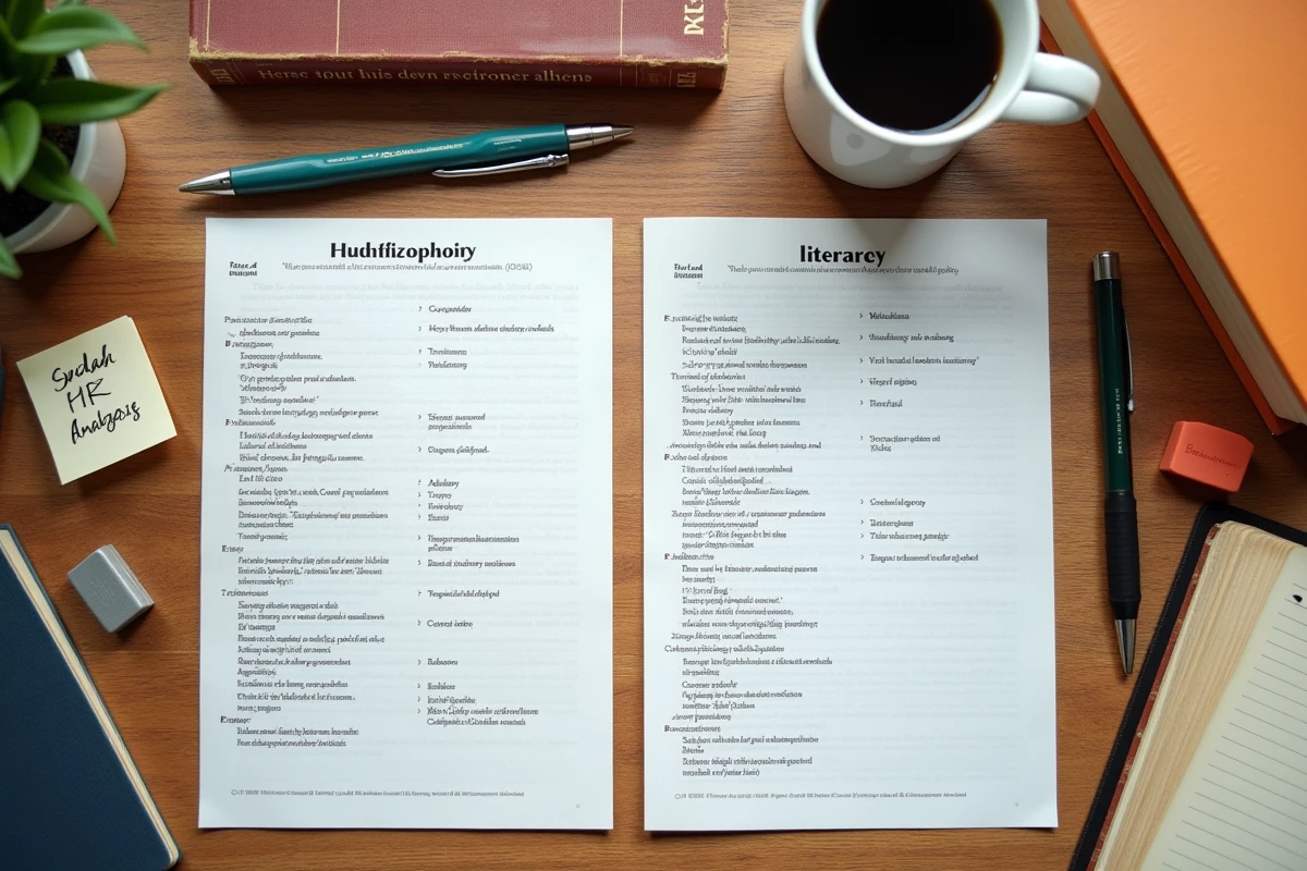 Vue de dessus d'un bureau avec deux plans de dissertation comparant les méthodes de la philosophie et du français