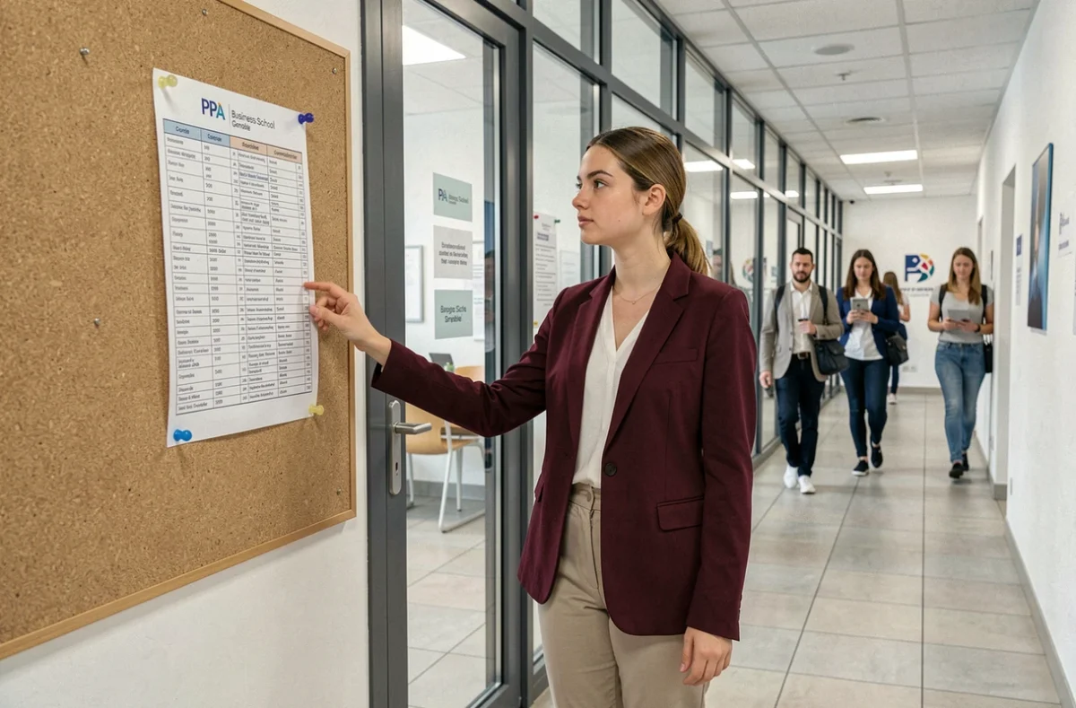 Étudiante consultant un tableau d'affichage devant une salle de cours vitrée à la PPA Business School campus Grenoble