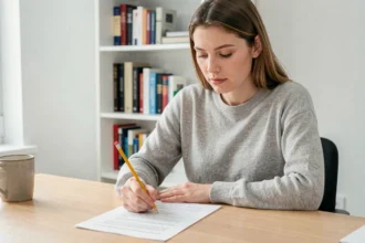 Jeune femme préparant un test de quotient intellectuel officiel à son bureau avec un questionnaire imprimé et un crayon