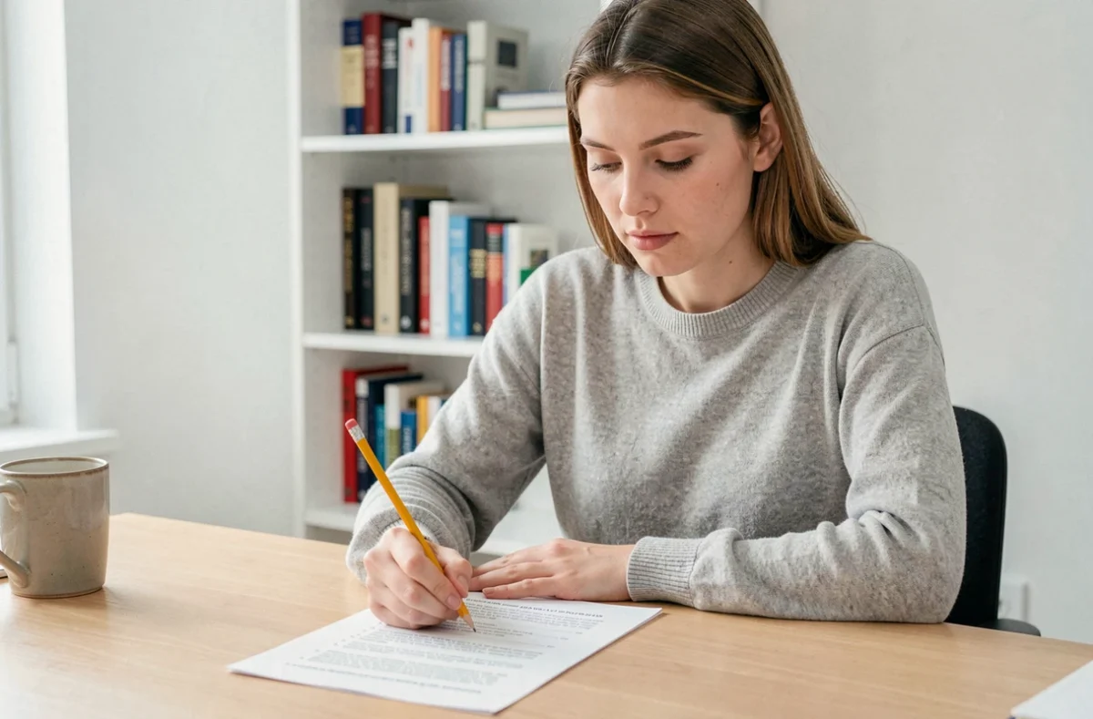 Jeune femme préparant un test de quotient intellectuel officiel à son bureau avec un questionnaire imprimé et un crayon