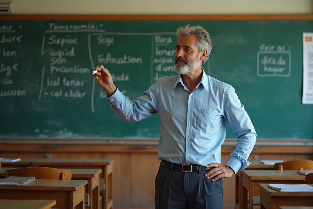 Professeur expliquant la conjugaison du passé simple de tener au tableau dans une salle de classe